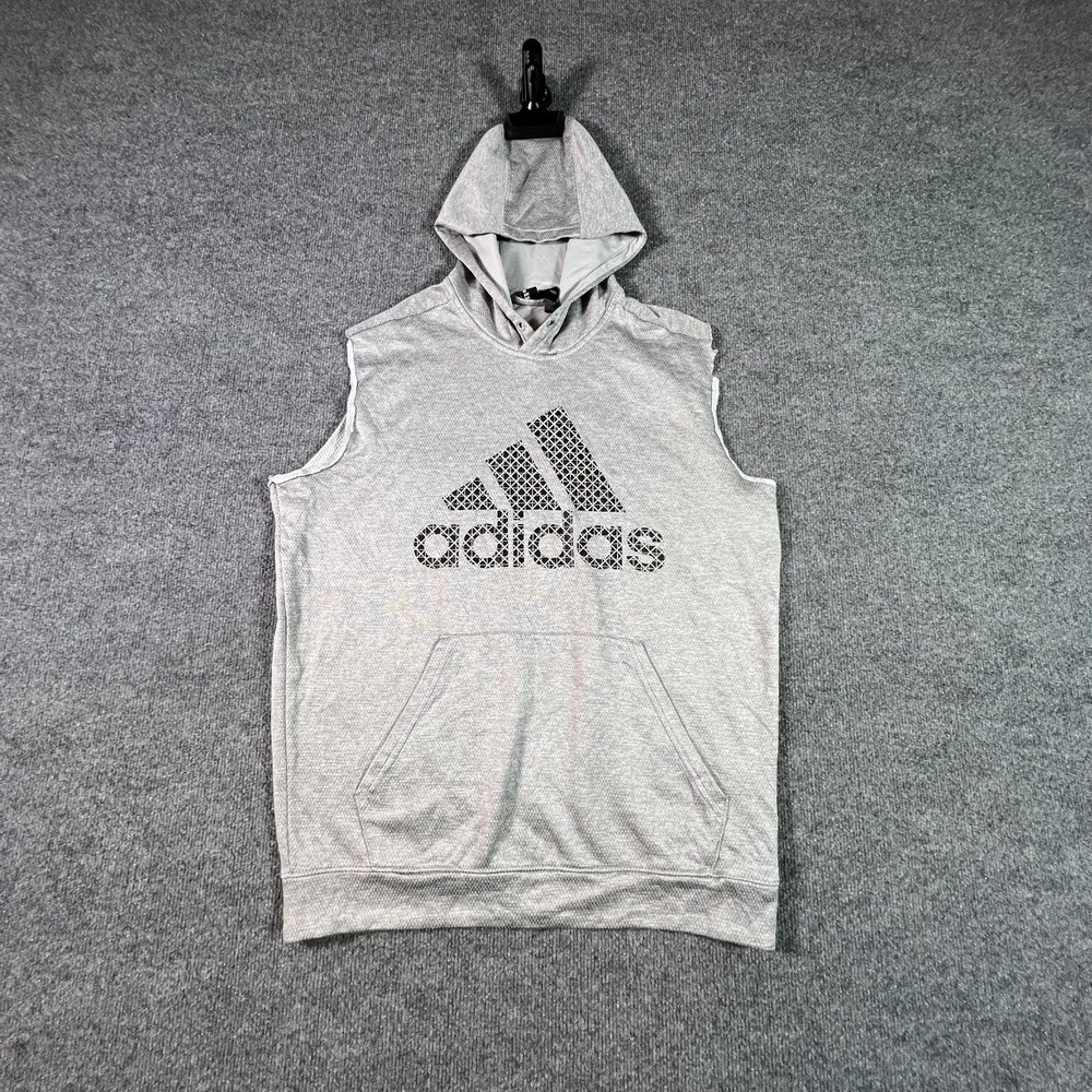 Adidas Hoodie Mens L Gray Sleeveless Mesh Lined Running Training Workout Hoodie